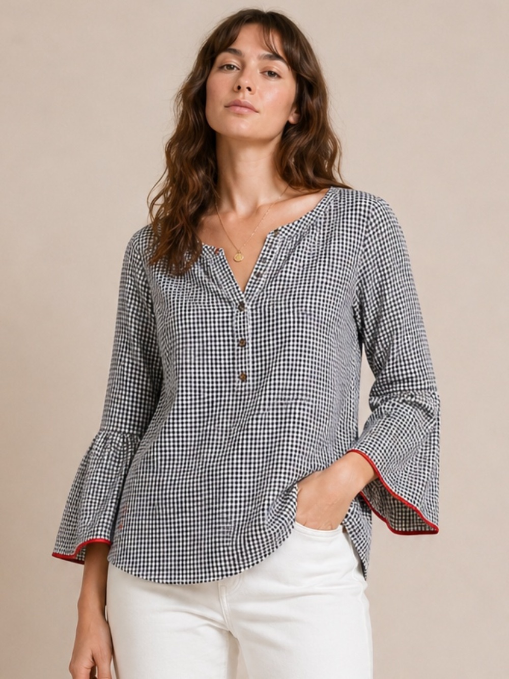 Talbots x O The Oprah Magazine Gingham Poplin Blouse Bell Sleeve Large Garden L